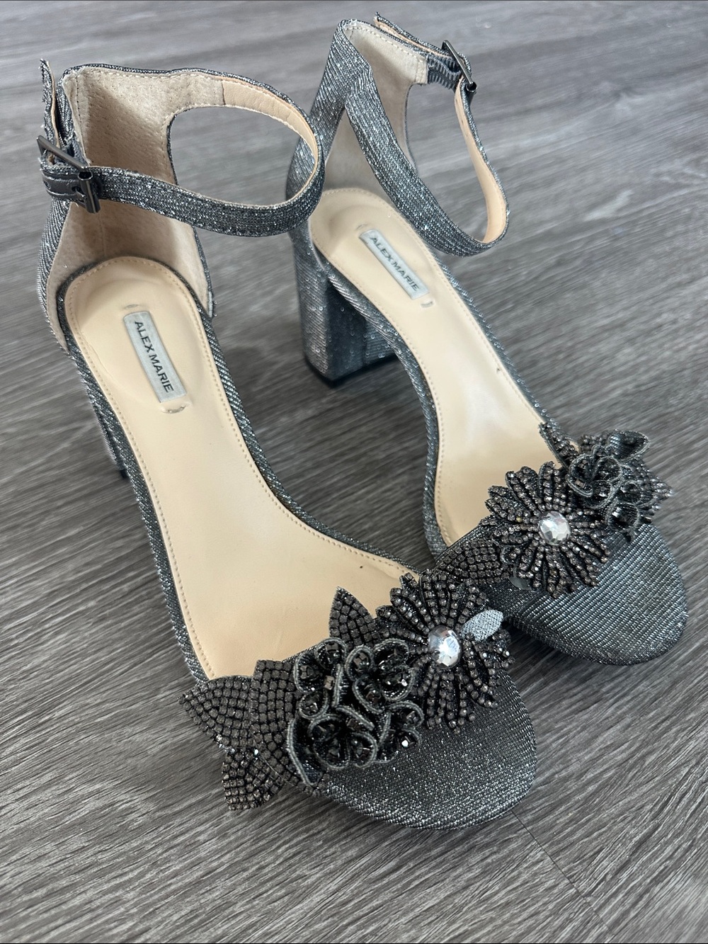 Alex Marie Gunmetal Glitter Block Heel Sandals with Beaded Floral Applique